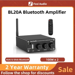 Fosi Audio BL20A Bluetooth TPA3116 Amplificatore di potenza audio 2.1CH 100W Mini HiFi Classe D Amp Bassi Alti con telecomando U-Disk