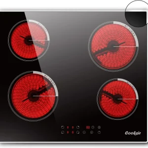 Piano cottura in vetroceramica Cooksir 4 piastre, piano cottura da incasso 60 cm, autufficiente, 6000 Watt, struttura in acciaio inossidabile, 220 V, senza spina