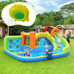 Casa gonfiabile per rimbalzo, parco acquatico + parco trampolino per bambini, scivolo d’acqua, parete da arrampicata, canestro da basket, con ventilatore da 450 W