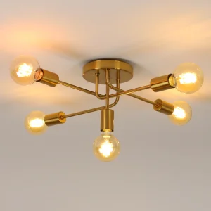 Plafoniera industriale retrò, lampada da soffitto in metallo E27 a 5 luci dorate per cucina, sala da pranzo, camera da letto [E27 senza lampadina]