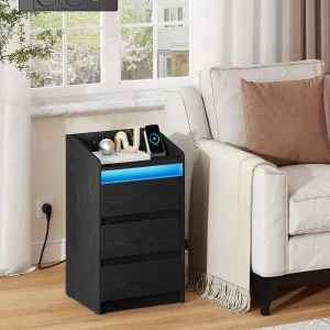 Set di 2 Comodini con 3 Cassetti, Tavolino con Stazione di Ricarica e LED, 2 Porte AC e 2 USB per Camera da Letto, Bianco