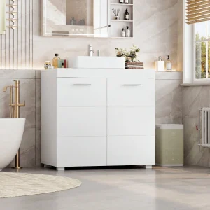 Lavabo Getone Sotto armadio Armadio Bianco Armadio bagno Per bagno, Con 2 Porte 2 Vassoi, Bianco, 60x31x60 cm