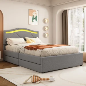 Letto imbottito 90x200cm con struttura a doghe, luci a LED, 2 cassetti, testiera regolabile, lino, grigio