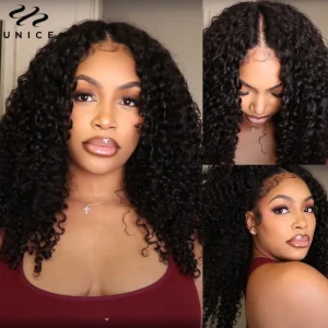 Parrucca Unice Hair EasiContour Jerry Curly con parte a V, 100% capelli umani, bordo senza cuciture, versione migliorata della parrucca a parte a U, parrucche di capelli umani adatte ai principianti