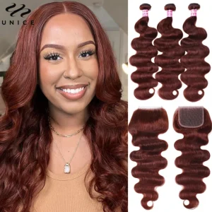 UNICE Capelli Marrone Rossastro Onda Del Corpo Fasci di Capelli Umani con Chiusura 100% Capelli Umani 4×4 Chiusura Del Merletto Con 2/3/4 PCS Bundle Deal