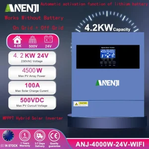 Inverter solare ibrido 4.2KW 24V On Grid Off Grid 230Vac MPPT Inverter a onda sinusoidale pura 100A caricatore solare PV 60-500VDC con WIFI