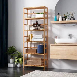 Getone Mensola da bagno a 6 livelli, Scaffale in bambù, Mensola da terra regolabile, Display multifunzionale per soggiorno, Cucina 60x26x161 cm Naturale/Bianco