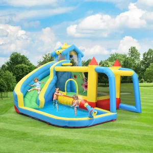 Casa gonfiabile per rimbalzo 5 in 1 per bambini dai 3 ai 10 anni con scivoli d’acqua, trampolino, canestro da basket, pistole ad acqua e aree piscina, ventilatore