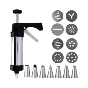 Siringa per pasticceria, mitragliatrice per biscotti, set di stampi per churrera con 8 stampi a disco e 8 ugelli a pressione per utensili per biscotti Creazione di biscotti e siringa per glassa per