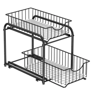 SONGMICS Organizer da Cucina, Scaffale a 2 Ripiani Rimovibile per Armadio, Organizer Impilabile Sotto il Lavello con Cassetti, per Cucina, Bagno, Classico Nero/Argento/Nero Inchiostro/Grigio