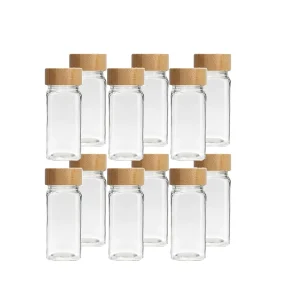 Set di 12 Barattoli Quadrati per Spezie, Contenitori in Vetro da 120 ml con Coperchio in Bambù, Organizzatore da Cucina Ideale per Tutti i Tipi di Spezie