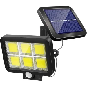Luce solare da esterno con sensore di movimento Lampada solare impermeabile IP65 da 120 LED COB con cavo da 5 m, 3 modalità, illuminazione a 120o, faretti solari Luci di sicurezza per garage da
