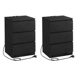 VASAGLE Comodini con Stazione di Ricarica, Set di 2, Tavolini Laterali con 3 Cassetti, 2 Prese AC, 2 Porte USB, per Soggiorno, Camera da Letto, Studio, Moderni, Nero Ebano/Bianco Nuvola e Giallo