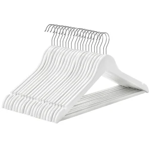 SONGMICS Appendiabiti in Legno Massello, Set da 10, con Fessure per Spalle, Barra Antiscivolo per Pantaloni, Gancio Rotante a 360° ° Per Abiti, Camicie, Cappotti, Bianco/Naturale/Nero/Noce