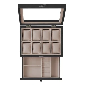 SONGMICS Scatola Porta Orologi con 8 Scomparti, Custodia in Legno a 2 Livelli con Coperchio in Vetro, Cuscinetti, Rivestimento in Velluto, Regalo per Persone Care, Nero Ebano/Noci Rustico/Nero