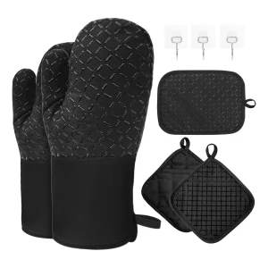 Set guanti e maniglie da forno, 300 guanti da forno in cotone resistente al calore ℃ , Guanti lunghi con silicone antiscivolo, Guanti da cucina per cucina, cottura al forno, cacciuola