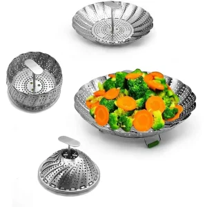 Cestino per verdure al vapore, cestello per vapore in acciaio inossidabile, cestello per cottura a vapore pieghevole in acciaio inossidabile, con gambe antiscivolo, espandibile, per cucinare, pesce,