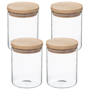 Wellhome Set di 4 barattoli ermetici in vetro e legno da 600 ML