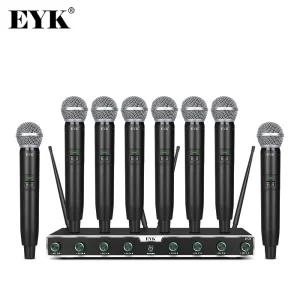 Sistema Microfonico Wireless Professionale UHF a 8 Canali EYK EFU8 con Bodypack e Microfono a Mano per Conferenze, Ricezione Stabile per Karaoke e Chiesa