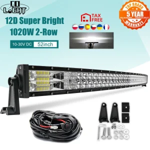 CO LIGHT Barra luminosa a led curva 12V 52 pollici 1020W Luce da lavoro a led Fascio combinato a 2 file per auto 4WD ATV SUV UTV Camion 4×4 Moto 24V