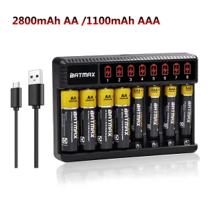 Batmax AA 2800mAh + AAA 1100mAh Batteria ricaricabile + LCD 8 slot Caricatore USB per giocattoli Torcia elettrica MP3 Allarme fumo Telecomando