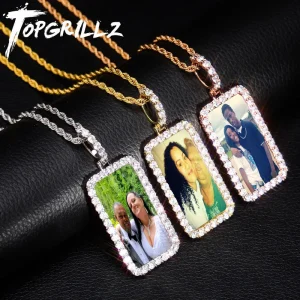 TOPGRILLZ Custom Made Foto Medaglioni Quadrati Collana e Ciondolo Con 4 millimetri Tennis Catena Oro Argento Zircone Hip hop degli uomini di hop Dei Monili