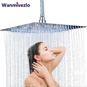 Soffione doccia per bagno con luce a LED Rubinetti per doccia a pioggia grandi da 16 pollici Accessorio Soffione doccia ultrasottile in ottone quadrato superiore