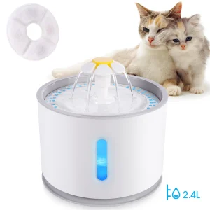 Fontana automatica per gatti con illuminazione a LED Confezione da 5 filtri USB da 2,4 litri Cani Gatti Bevitore muto Alimentatore Ciotola Dispenser per bere