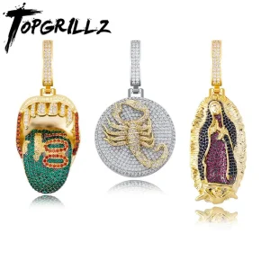 TOPGRILLZ degli uomini Del Pendente Verde Lingua Animale Scorpione Vergine Maria Del Pendente di Hip Hop Ha Ghiacciato Fuori Cubic Zirconia Gioelleria Raffinata E Alla Moda del Regalo
