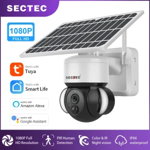 Telecamera di Sicurezza SECTEC Tuya Wifi con Pannello Solare, Batteria, PTZ per Esterni, Rilevamento PIR, Supporto Google Smart Security Monitor