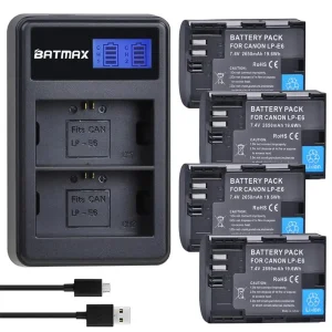 Batterie Ricaricabili Batmax 2650mAh LP-E6 LP-E6N + Caricabatterie per Canon EOS R5, R6, R7, EOS 5DS R, 5D Mark II, 5D Mark III, 6D, 7D, 80D, 90D