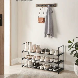 SONGMICS Scarpiera a 3 Ripiani, Scaffale Portascarpe in Metallo, per 16-20 Paia di Scarpe, Verticale o Capovolto, Impilabile, Ingresso, 30 x 92 x 55 cm, Nero