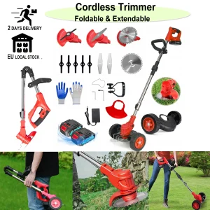 Tagliabordi a batteria 21V con ruota, asta pieghevole estensibile a batteria 2 x2.0ah con 8 lame da taglio per giardino prato