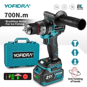 Trapano elettrico a percussione senza spazzole YOFIDRA 20+3 con regolazione della coppia, avvitatore elettrico, trapano a percussione, utensili elettrici compatibili con batteria Makita 21V.