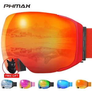 PHMAX occhiali da sci UV400 occhiali antiappannamento lenti magnetiche donna uomo sport all’aria aperta Mountain Snowboard grandi occhiali da neve con maschera