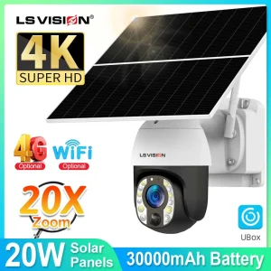 LS VISION 4K 8MP Telecamera di sicurezza solare Zoom 20X Registrazione 24/7 ore 4G/WiFi Monitoraggio automatico Telecamere con batteria da 30000 mAh Pannello da 20 W