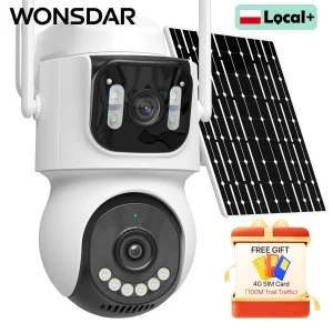 WONSDAR Batteria incorporata per esterni Doppia lente Telecamera di sicurezza solare 4G Pannello solare Telecamera wireless Registrazione 24 ore su 24 Allarme iCsee