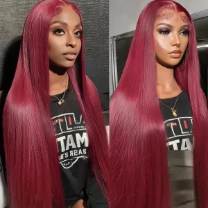 Parrucca Frontale in Pizzo 13×4/13×6 HD Trasparente da 30-40 Pollici, Liscia, Colore Borgogna 99J, Capelli Umani, per Donna