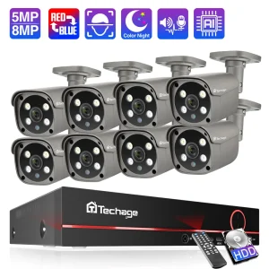 Sistema di Telecamere PoE Techage 8CH 8MP 5MP 4K con Audio Bidirezionale, Visione Notturna a Colori, H.265, Rilevamento Facciale AI Intelligente, Videosorveglianza CCTV XMEYE