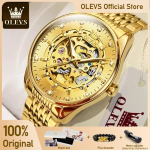 OLEVS Orologi da uomo Orologio da polso meccanico automatico scheletrato in oro di lusso per uomo Business luminoso in acciaio inossidabile impermeabile