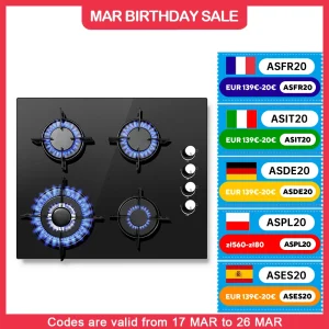 Piano cottura da incasso TopStrong a 4 fuochi da 60 cm in vetroceramica, gas naturale, gas propano