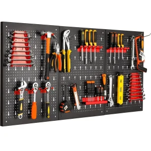 Parete portautensili in metallo, 120 x 60 x 2 cm, Officina da parete perforata in tre pezzi, Parete portautensili espandibile con ganci e supporto da 17 pezzi