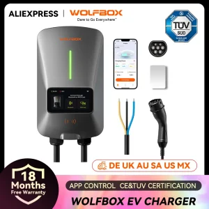 WOLFBOX Stazione di ricarica EV Tipo 2 22KW 32A Caricatore per auto per veicoli elettrici monofase Wallbox con schermo LCD Scheda RFID di controllo APP
