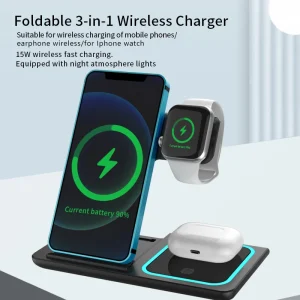 Supporto per caricabatterie wireless veloce LED da 30 W Stazione di ricarica pieghevole 3 in 1 per iPhone 15 14 13 12 11 Apple Watch 9 8 7 6 5 AirpodsX455