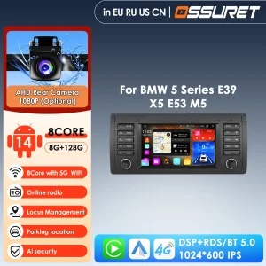 8G 128G Carplay 7 pollici 1 Din Android 14 Autoradio Multimediale per BMW Serie 5 E39 X5 E53 M5 1996 – 2003 Navigazione RDS Stereo GPS