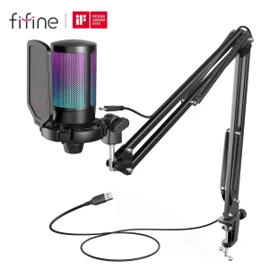 FIFINE Kit microfono da gioco USB per PC, set microfono cardioide a condensatore PS4/5 con pulsante di disattivazione/RGB/supporto per braccio, per streaming video-A6T