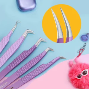 Veyes Inc Pinzette per estensioni ciglia Veyelash Pinzette professionali con punta in fibra per volume Chiusura accurata 3D in acciaio inossidabile