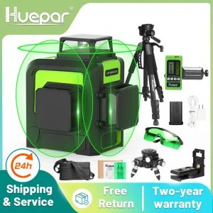 Huepar 12 Linee Kit livello laser a linea incrociata 3D Osram Raggio laser verde autolivellante 360 verticale orizzontale con treppiede ricevitore