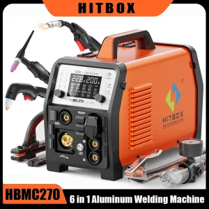 Saldatrice Multifunzione HITBOX 200A MIG a Impulsi per Alluminio con Filo Animato/Gas MIG/TIG HF/MMA/Taglio al Plasma 40A HBMC270