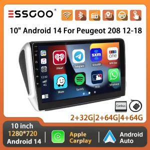ESSGOO Android 14 Per Peugeot 208 12-18 10 “Display Auto Stereo Radio GPS Navi Carplay Android Auto Wifi BT FM RDS Specchio di Collegamento SWC